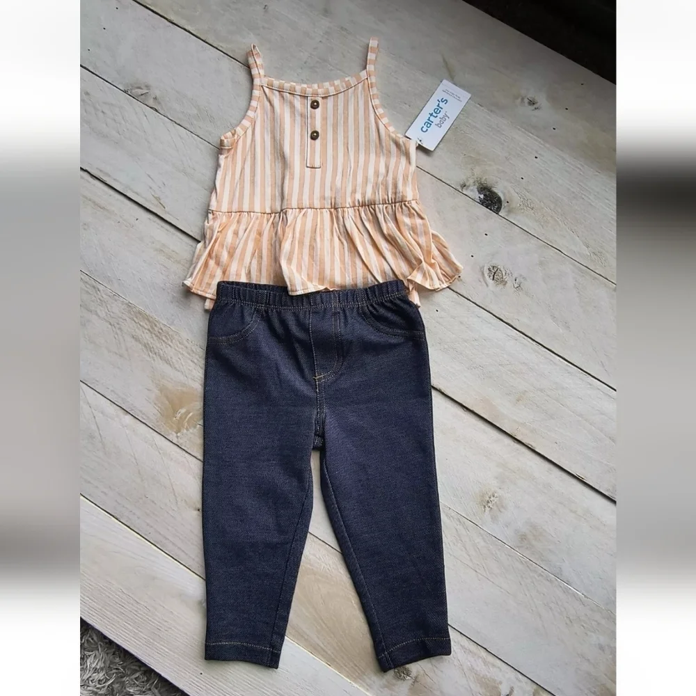 Carter's 2pc Pant Set With Ruffle Striped Tank Top Bodysuit Orange Blue 12 Month